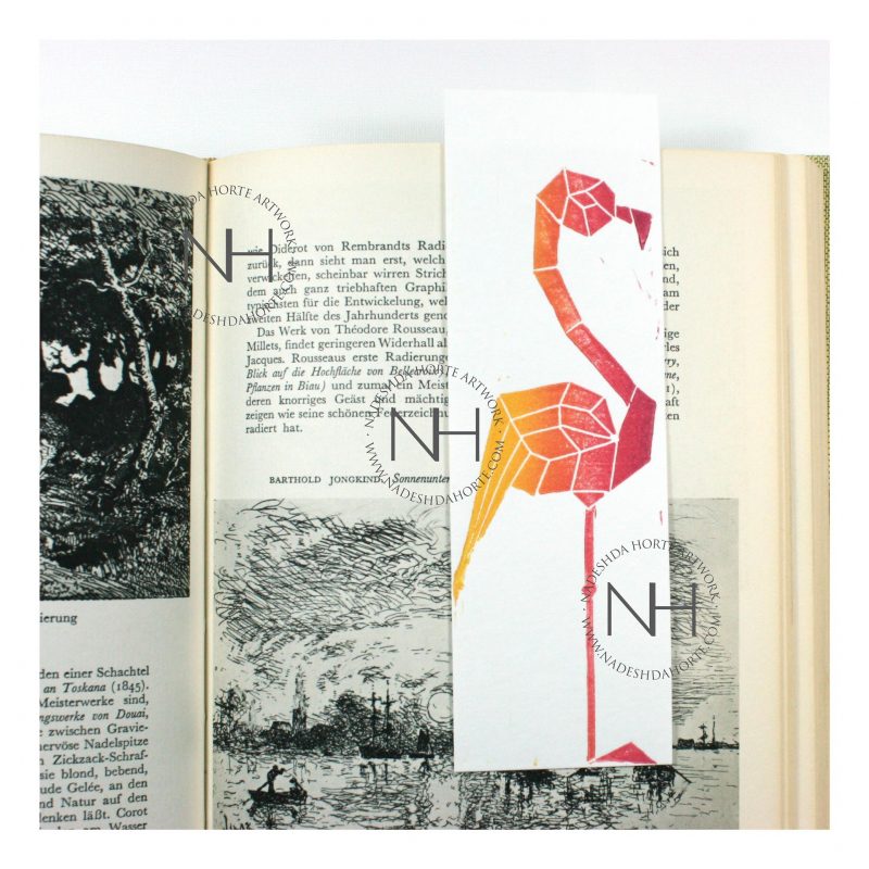 Lesezeichen, Geometrischer Falmingo, Gelb, Pink im Buch, Nadeshda Horte